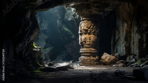 At a mystical cave entrance a Doric column stands as a beacon for adventurers