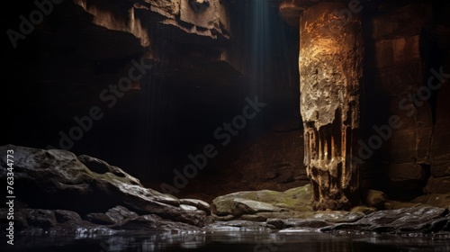 Mystical cave's entrance marked by a Doric column inviting exploration into its depths photo