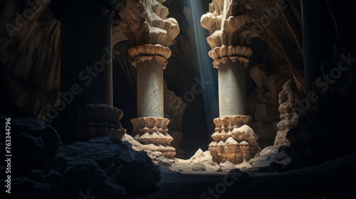 Doric column at mystical cave entrance its mystery beckoning explorers