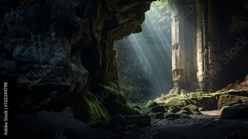 Entrance to a mystical cave guarded by a Doric column hints at untold secrets within