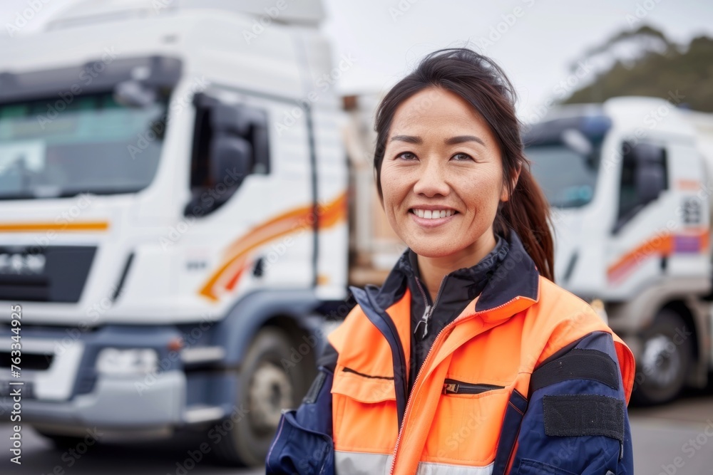 A smiling female truck driver wearing an orange and navy blue jacket stands in front of her white truck A smiling female truck driver wearing an orange and navy blue jacket stands in front of her white truck