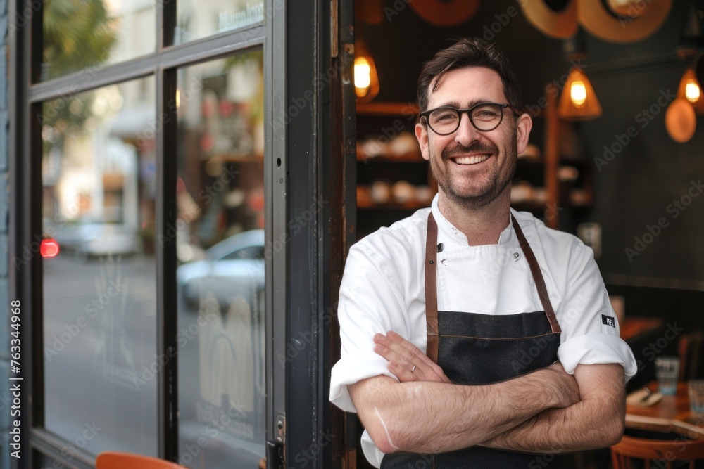 A handsome smiling man in an apron stands at the entrance to his restaurant A handsome smiling man in an apron stands at the entrance to his restaurant