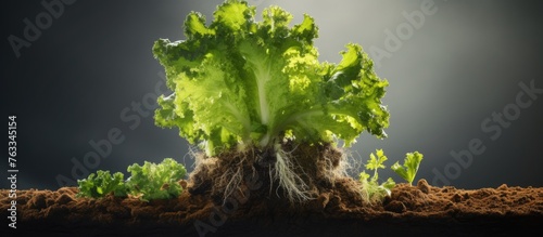 Close-up view of lettuce plant with roots sprouting
