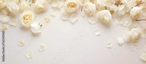 Many white flowers with petals on a surface