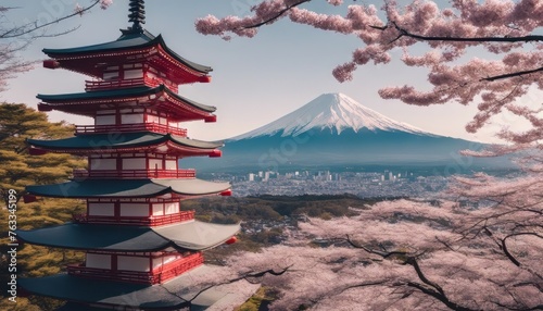 Japan at Chureito Pagoda and Mt. Fuji in the spring with cherry blossoms