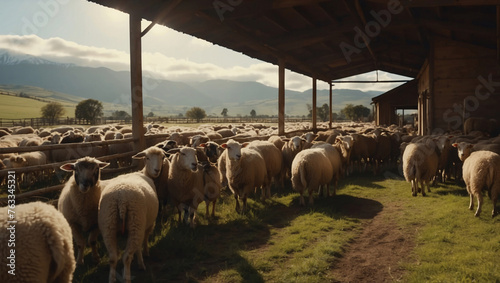 Heart of countryside, sheep farm stands as generations of dedication to art of sheep husbandry. Each day begins with rising sun and ends with gentle lowing of flock as they return to  their pens photo