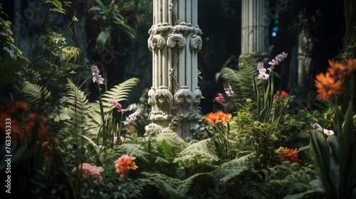 Alien garden flourishes around a Doric column blending the familiar with the unknown