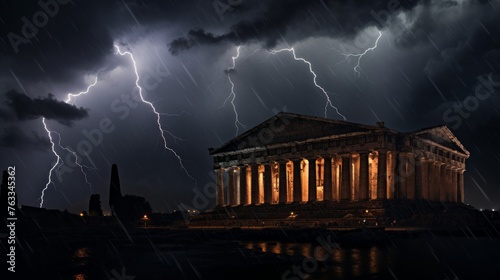 Storm's grip on Doric colonnade where lightning dances and rain veils