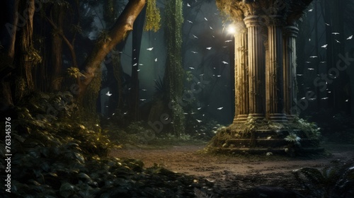 Fairy forest illuminates around a Doric column magical beings flicker in the glow