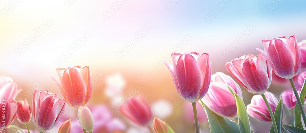 Pink tulips blooming in a vibrant field
