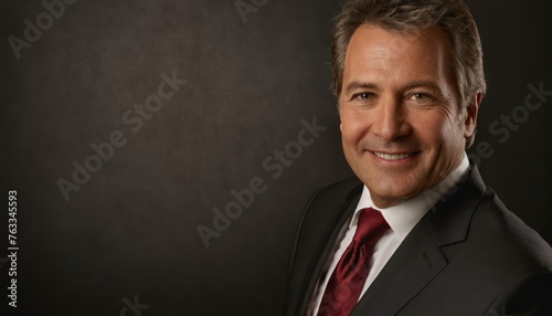  Close up photo of a suited individual with a red tie over a white shirt