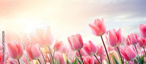 Pink tulips in a sunlit field