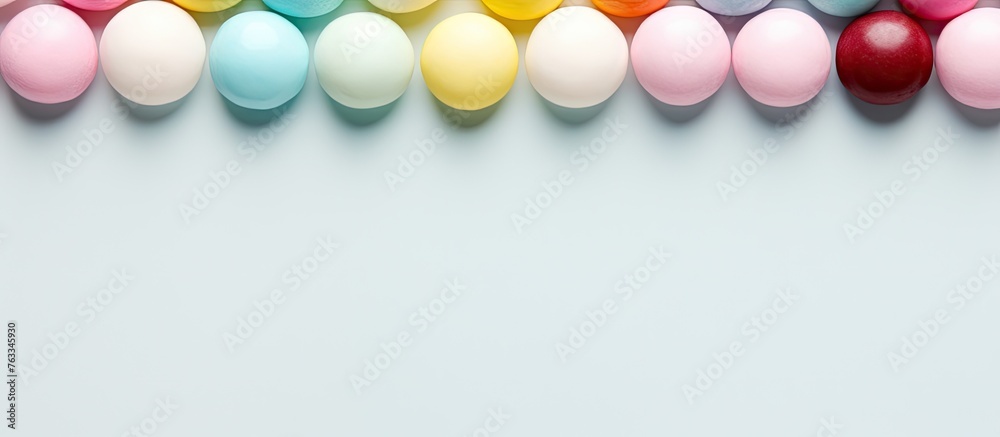 Colorful balloons arranged in a row on a white backdrop Colorful balloons arranged in a row on a white backdrop