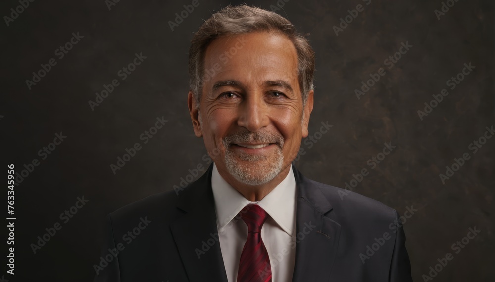 A portrait of a person in a suit and tie, smiling against a dark backdrop A portrait of a person in a suit and tie, smiling against a dark backdrop