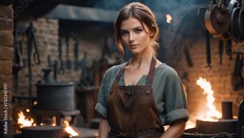  A woman in a brown apron stands before a fire in a kitchen full of pots and pans