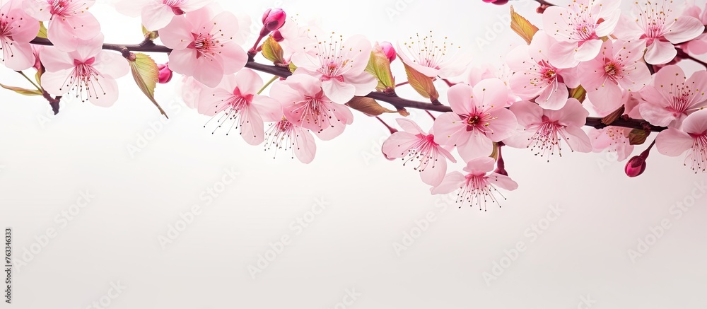 Twig of cherry tree displaying pink blossoms