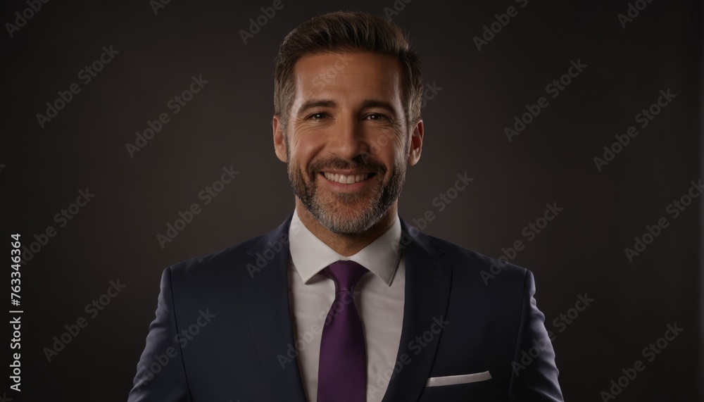 Closer look at man in suit, tie, smiling, black backdrop Closer look at man in suit, tie, smiling, black backdrop
