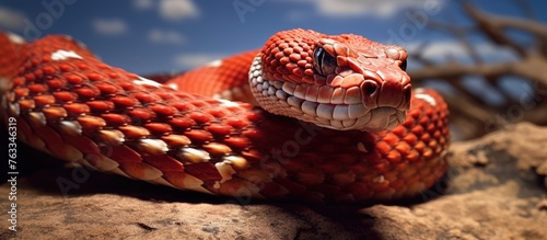 A red snake with a white stripe on its face photo