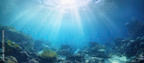 Sunbeams shining on fish and coral in a deep-sea underwater reef © Ilgun