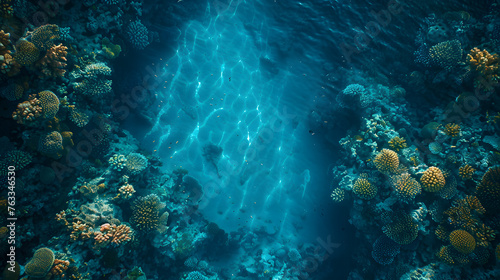 Top view capturing the intricate details of a coral reef, space allocated for copy, strictly no text, logos, brand marks, or letters, 16k sharpness, cinematic depth, natural hues © VirtualCreatures