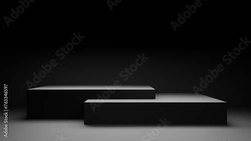 Black abstract podium stage background display platform empty place for products and placement black empty abstract room with bright spotlight and abstract forms podium, 3d empty form display backdrop