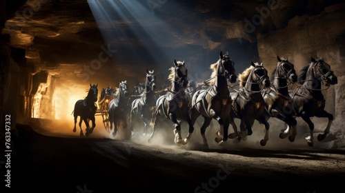 Chariot race in crystal cave with luminous trails of light © javier