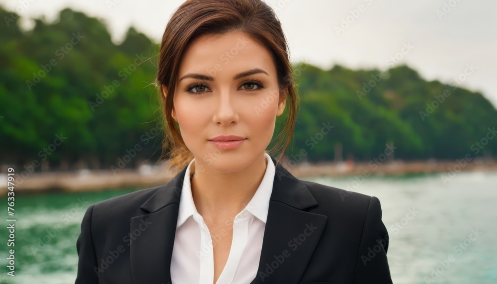 Woman near water with blazer and shirt amidst trees Woman near water with blazer and shirt amidst trees