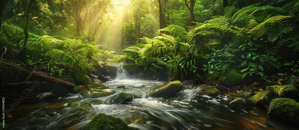 A serene stream winds through a lush forest, its gentle flow accompanied by the rustle of vibrant green foliage and the trickle of water over rocks and branches A serene stream winds through a lush forest, its gentle flow accompanied by the rustle of vibrant green foliage and the trickle of water over rocks and branches