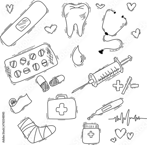Medicine icons doodle set on white. Health care, pharmacy icons. Healthcare vector illustration.