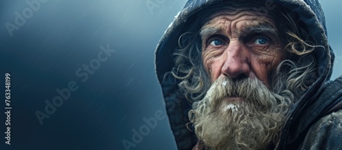 Close-up of bearded man in hoodie and portrait of aged sailor at sea