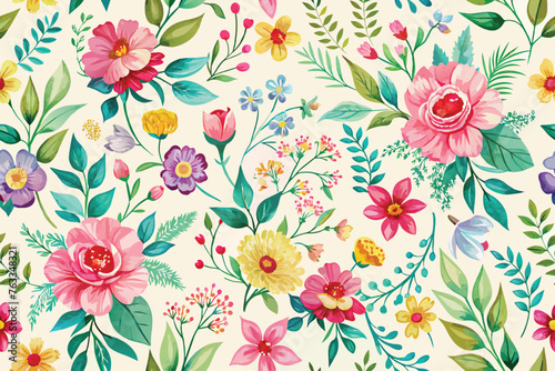 Seamless floral pattern with colorful flowers and leaves. Vector