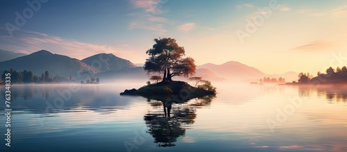 Island with a lone tree in the center of a serene lake