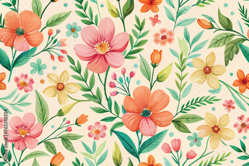 Seamless pattern with colorful flowers and leaves. © Rony