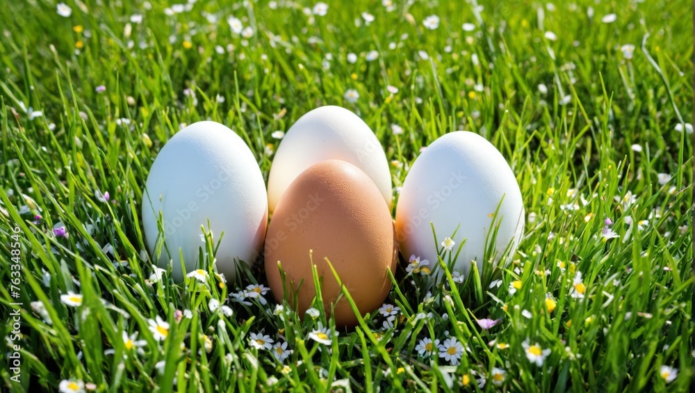 A trio of eggs nestled amidst green grass, surrounded by daisies in front A trio of eggs nestled amidst green grass, surrounded by daisies in front