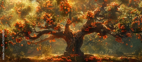 The tree is brimming with ripe fruits, its branches weighed down by the bountiful harvest  photo