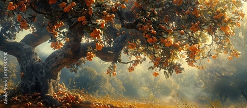 The tree is brimming with ripe fruits, its branches weighed down by the bountiful harvest 