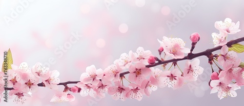 Pink cherry tree branch with close-up flowers
