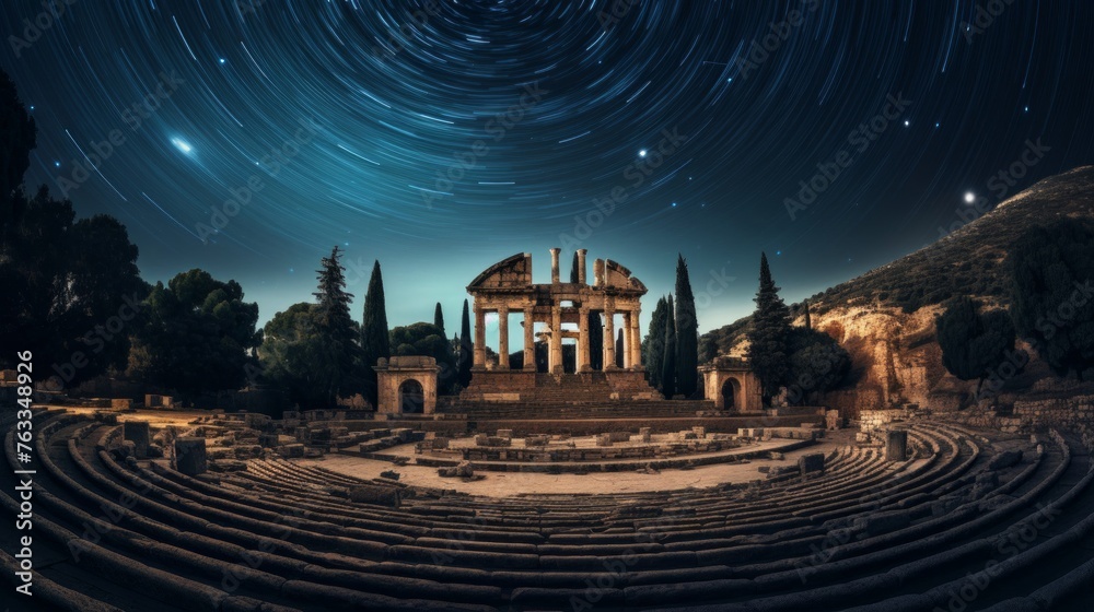 Fototapeta premium Actors use stars and planets in performance at observatory-themed Greek theater