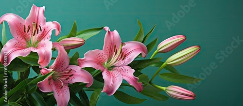 Pink flowers in vase on table photo