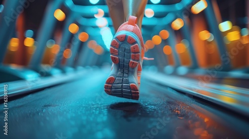 Male feet in sneakers running on the treadmill
