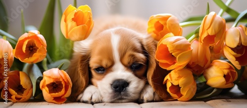 Puppy lying beside tulip bouquet #763349135