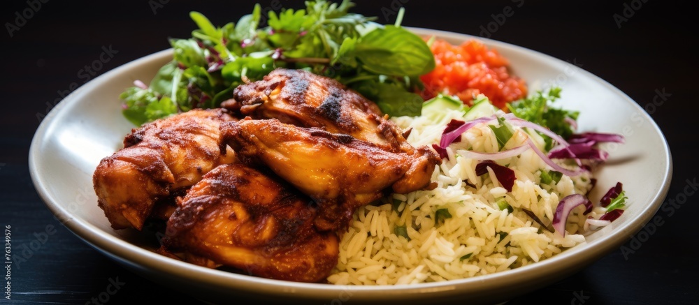 Plate of food with rice and meat, dish of chicken with rice meat salad