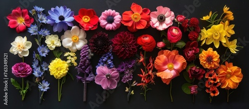 Wallpaper Mural Neatly arranged on a smooth black surface, a variety of colorful flowers display their intricate reproductive systems, their vibrant hues contrasting strikingly against the dark backdrop Torontodigital.ca