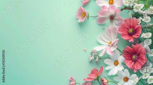 Pink And White Flowers On a Bluish-green Background, Wallpaper With Copy Spacer For Mother's Day