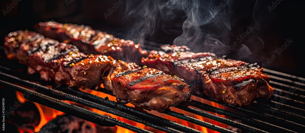 Steaks grilling on a close-up barbecue Steaks grilling on a close-up barbecue