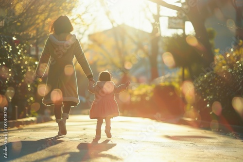Mother And Daughter Holding Hands Walking On The Street In Daylight, Back View
