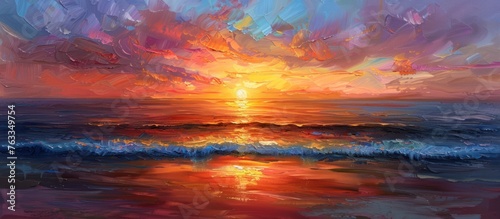The sun slowly sinks below the horizon, casting a warm glow over the tranquil ocean waters in this painting The sky is painted in hues of orange, pink, and purple, reflecting off the calm waves below 