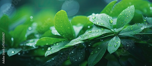 Close-up of plant with water drops, raindrops on green foliage