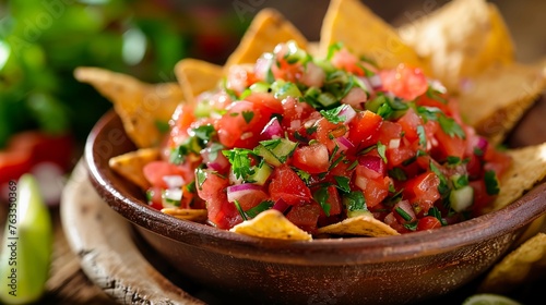Fresh Tomato Salsa In A Rustic Bowl With Tortilla Chips. Mexican and Latin American Cuisine. Cinco de Mayo or Dia de Los Muertos Celebration. Food Blogs And Menu. AI Generated