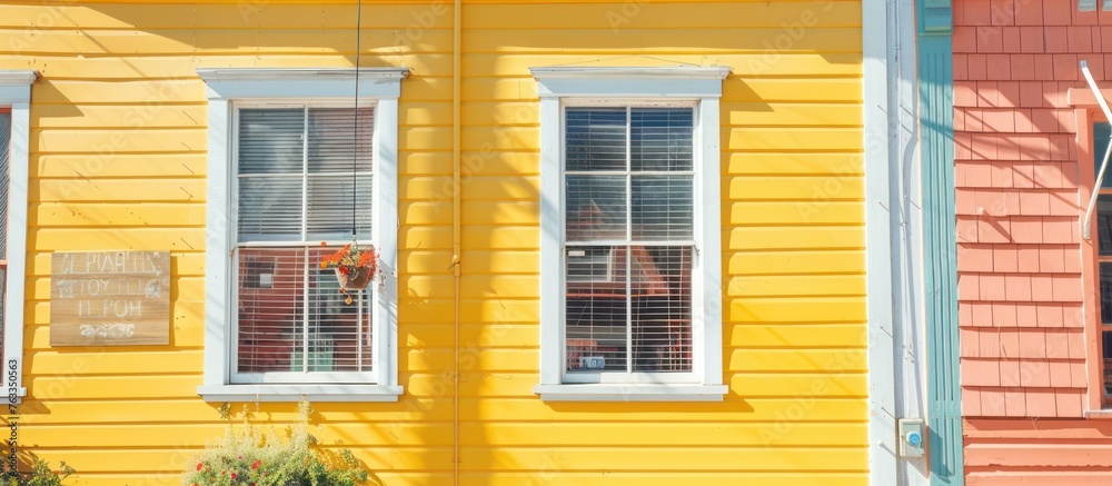 The yellow building stands out with three windows and white trim under the bright sunlight of a spring day The vibrant colors create a cheerful and inviting atmosphere 